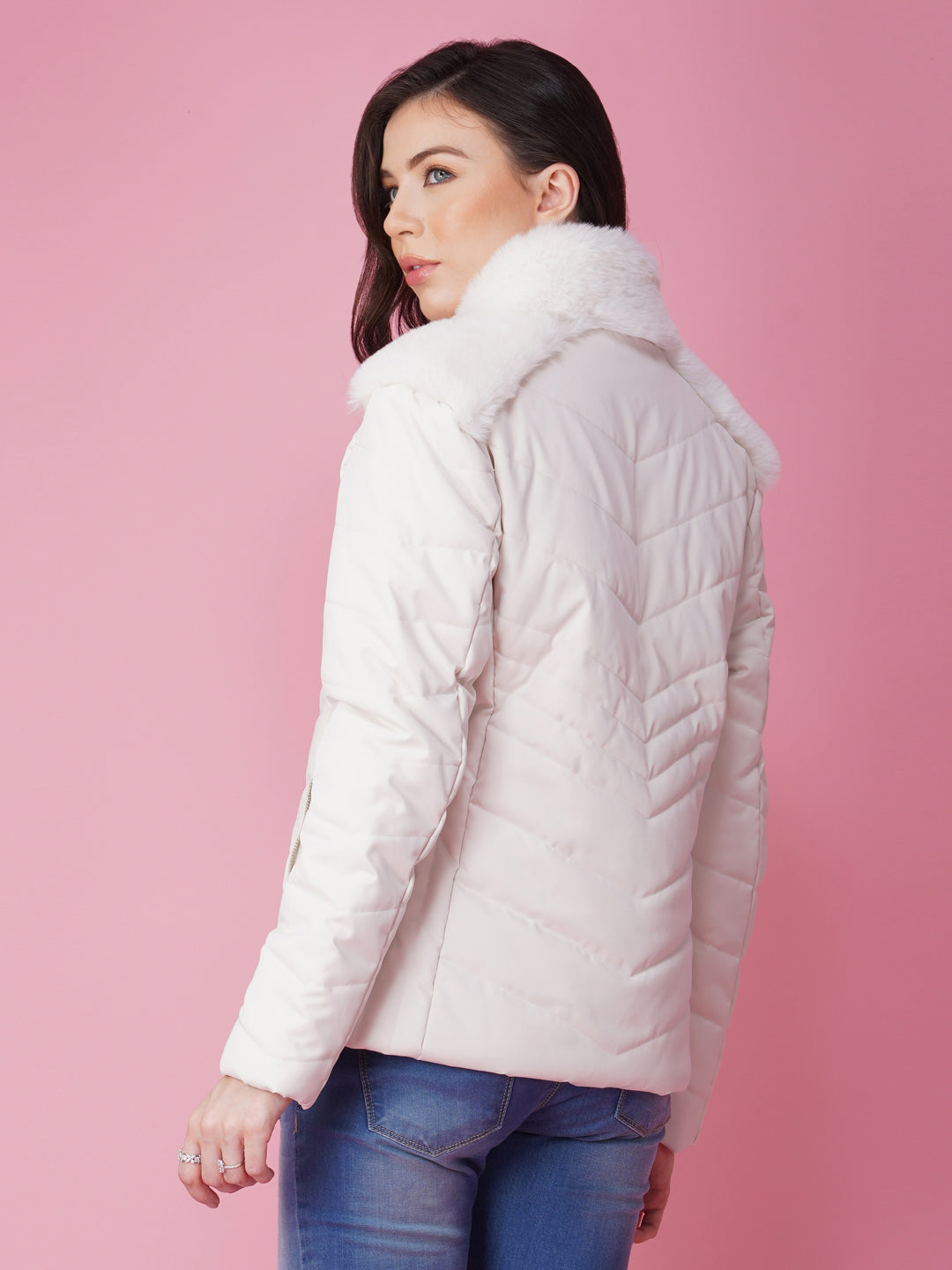 White Collar and Shoulder Fur Jacket